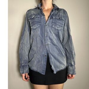 y2k CHALC Distressed Denim Button Up Long Sleeve Shirt Size Medium